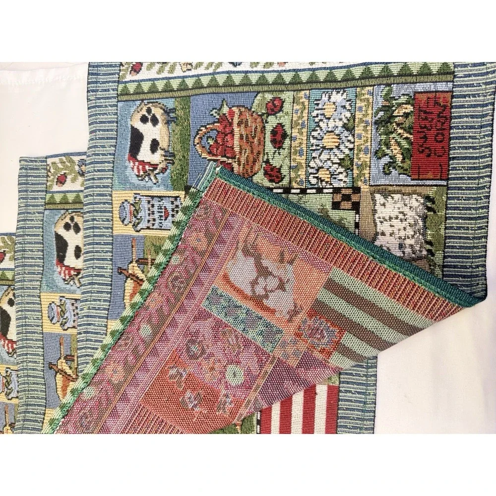 Hen Rooster Placemats Set Of 4 Woven Tapestry  & Large Table Runner 12
